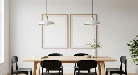 dining room mockup, minimalist modern dining space with wooden table black chairs pendant lights and two blank frames in stylish interior scene

