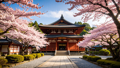 Fototapeta premium Japanese Temple Surrounded by Blooming Sakura Trees in Spring Season