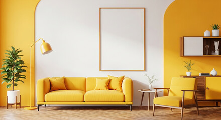 Yellow sofa, vibrant modern living room interior with yellow couch armchair wall frame floor lamp and decorative plants in stylish cozy apartment layout

