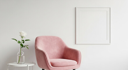Pink chair, modern minimalist interior with soft armchair white flower side table and wall poster frame in stylish cozy apartment or home decoration setup

