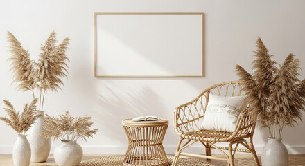 interior mockup, neutral boho living room with rattan chair coffee table dried pampas grass and empty wooden frame on wall in natural home decor scene

