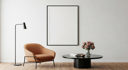 Poster frame, modern interior scene with brown armchair black round table floor lamp flowers and wooden floor in elegant minimalist living room design

