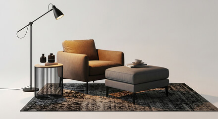 Modern lounge chair, minimalist living room with brown armchair grey ottoman black floor lamp side table and decorative rug in stylish home interior setup

