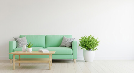 Mint green sofa, minimalist modern living room with soft green couch wooden coffee table white wall and indoor plant decor for stylish home or apartment setup

