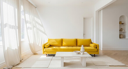 Yellow sofa, bright cozy modern living room interior with vibrant yellow couch white wall and natural window light in elegant minimal apartment space

