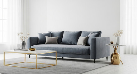 Blue gray sofa, neutral stylish living room with light grey blue couch wooden table and white wall design in modern interior apartment with elegance

