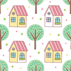 A whimsical seamless pattern of pastel houses and trees with colorful dots home nature