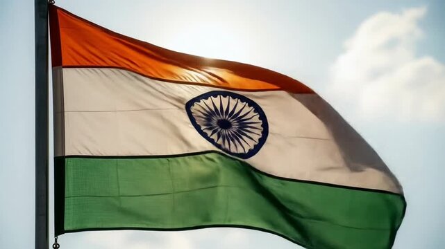 The Indian flag billows proudly in the wind, sunlight illuminating its vibrant colors against a clear blue sky.