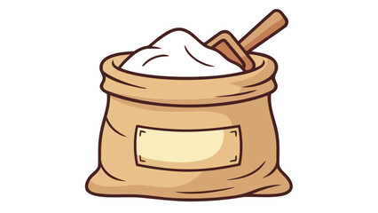 Cartoon burlap sack filled with white powder and wooden scoop flour