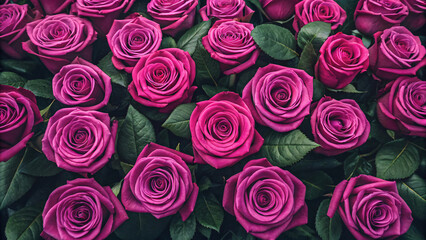 Fototapeta premium Dense arrangement of vibrant magenta roses with dark green leaves creating an elegant floral pattern against moody lighting backdrop.