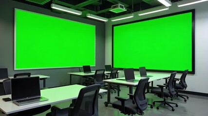 Modern tech class in session with students learning using a green screen for video projects, a dynamic and engaging learning environment