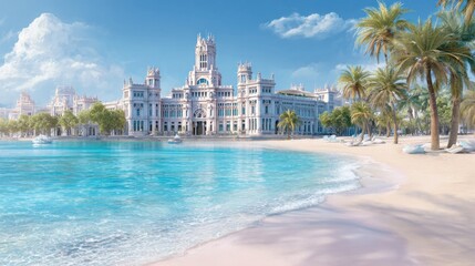 Obraz premium fantasy vision of Madrid by the sea, minimalistic blend of city landmarks and tropical beach, crystal-clear waves, soft sand, palm trees around Royal Palace