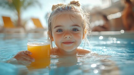 Child in swimming pool with a glass of fruity juice, cocktail. Having fun on vacation at the hotel pool