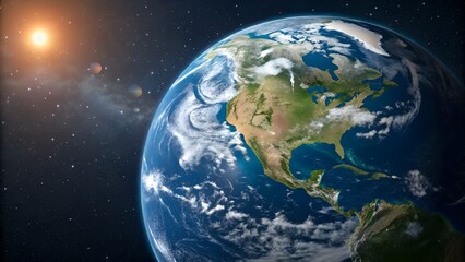 The sun shines on planet Earth as it floats in the star filled expanse of space.