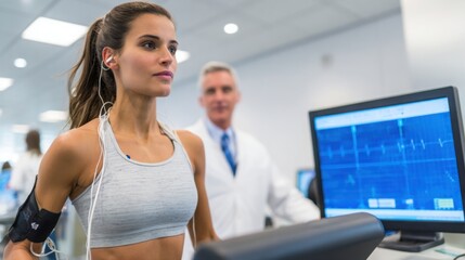 fit woman doing cardio stress test on treadmill while supervised by a doctor, electrodes attached, medical monitor screen showing heart rate, modern health diagnostics lab, focus on wellness 