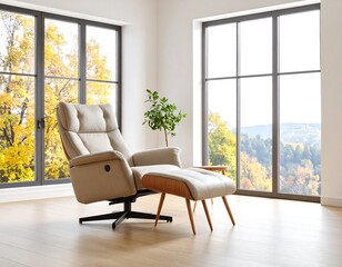 Relaxing beige recliner with footrest in a bright living room and big windows view