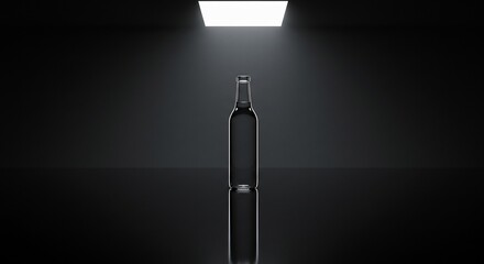 Sleek dark glass bottle standing on a reflective surface under a bright spotlight against a black background, perfect for product mockups.