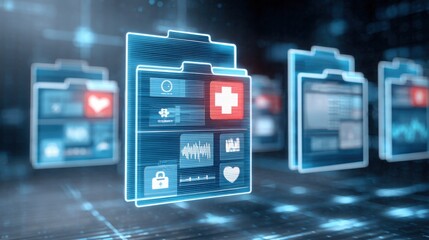 Floating medical folders with health data icons, digital screen interface with patient charts, abstract background with glowing grids, futuristic 