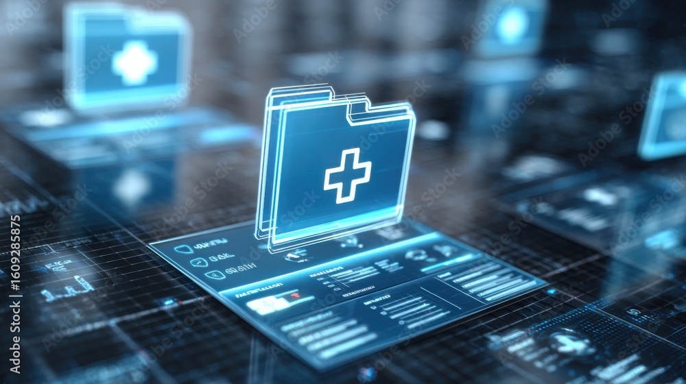 Poster floating medical folders with health data icons, digital screen interface with patient charts, abstr