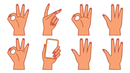 Collection of stylized flat illustration hands showing gestures and holding a phone vector