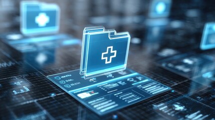 Floating medical folders with health data icons, digital screen interface with patient charts, abstract background with glowing grids