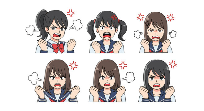 Six anime schoolgirls showing anger expressions pixel art style with steam coming out of their heads
