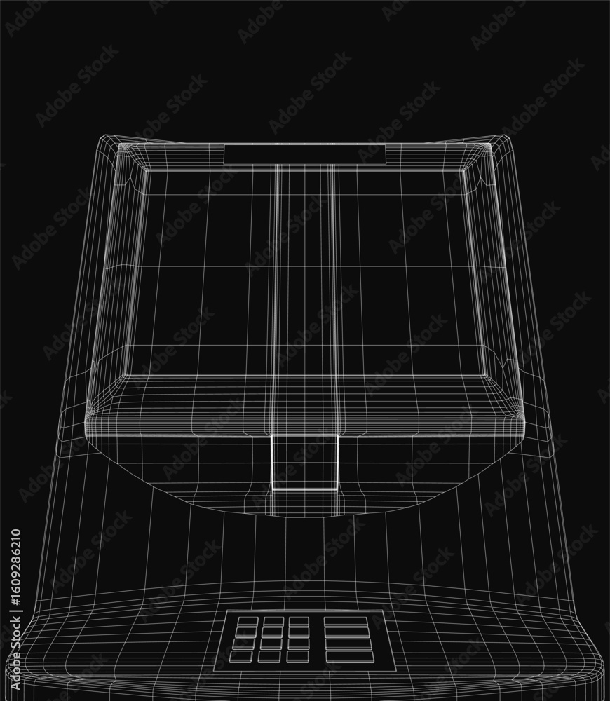 Poster a black and white wireframe 3d model of an atm machine features a minimalist line art design highlig
