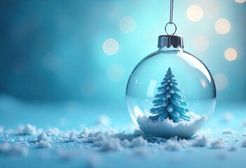 A clear glass globe with a miniature snow-covered Christmas tree inside, hanging against a soft blue background filled with bokeh and shimmering particles.