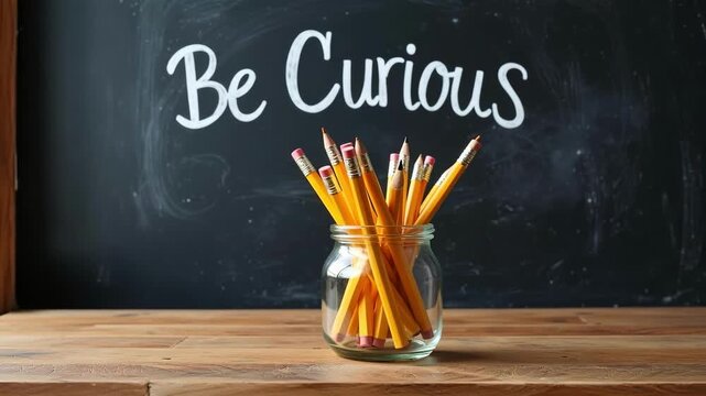 Dynamic pencils in a jar with a chalkboard message urging curiosity, perfect for education, creativity, and inspiring content, captured in stunning 4k video.