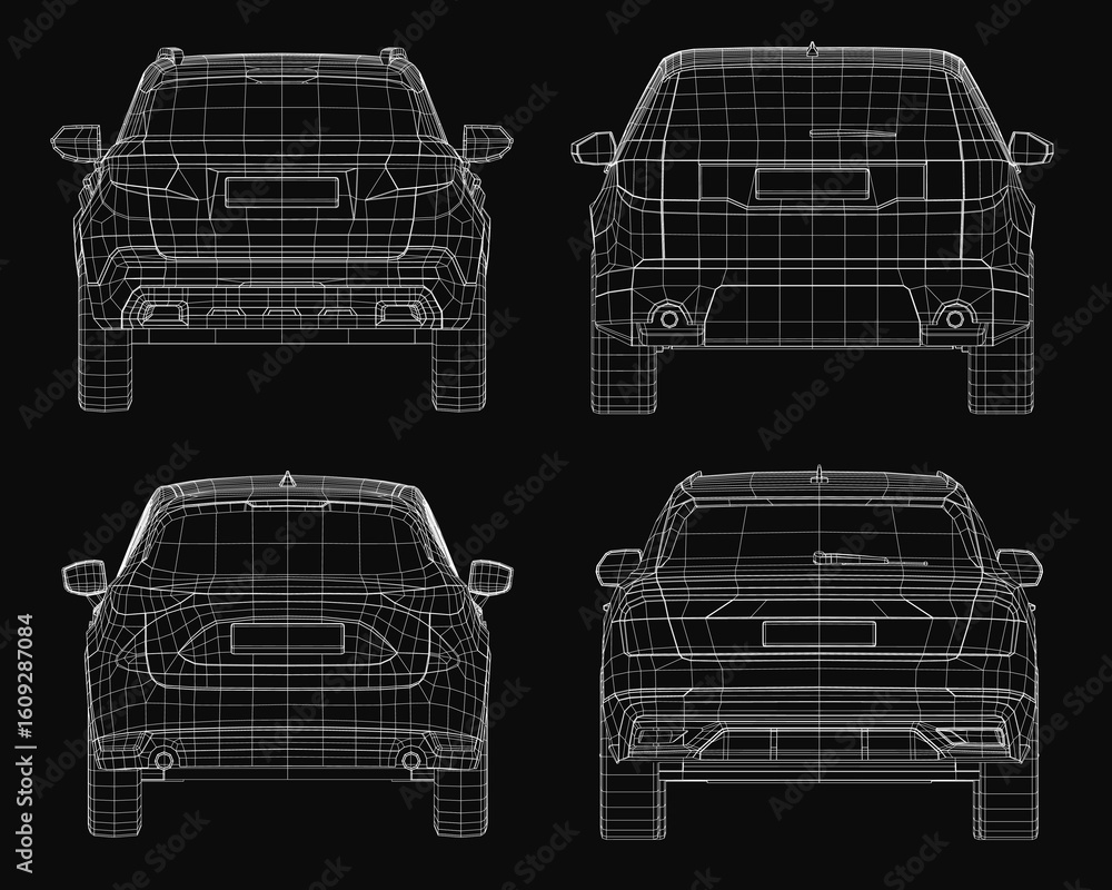 Poster a sleek 3d car model displayed in wireframe style on a black background, highlighting detailed bluep