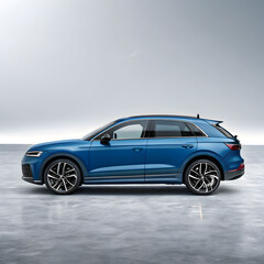 Blue car on a gray background with copy space a bold