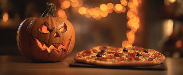 The Halloween pumpkin and delicious pizza offering a festive celebration.