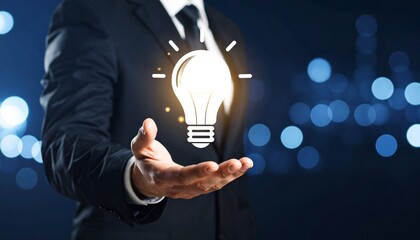 3D scene with a lightbulb-shaped idea icon floating above the hand of a blurred man in a suit