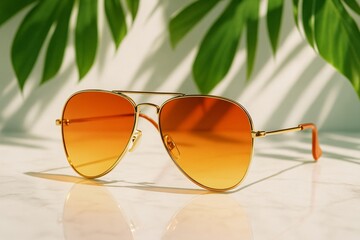 Gold aviator sunglasses with orange lenses and plant shadows