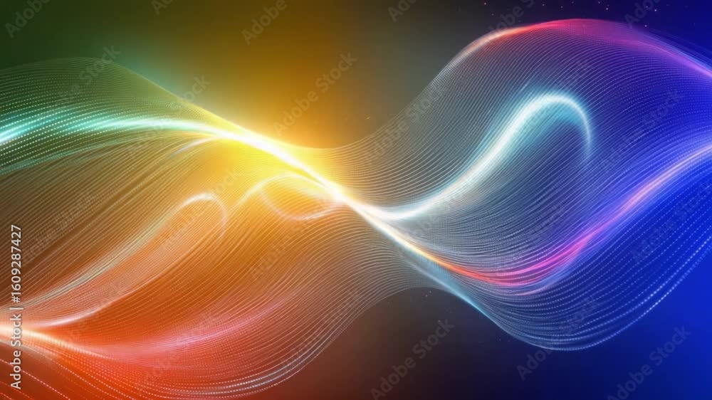 Poster abstract waves with colorful light trails and soft glows on a dark background