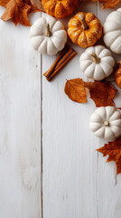Autumnal vertical background template with pumpkins leaves and copy space area