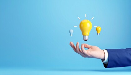 3D scene with a lightbulb-shaped idea icon floating above the hand of a blurred man in a suit