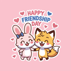 Bunny and Fox Celebrating Friendship Day with Hearts, Cartoon Animal Friends Celebrating Friendship Day with Pink Background