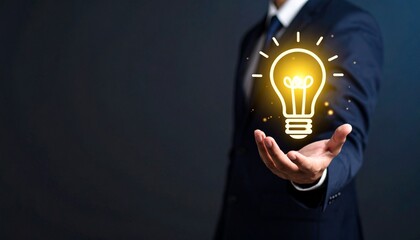 3D scene with a lightbulb-shaped idea icon floating above the hand of a blurred man in a suit