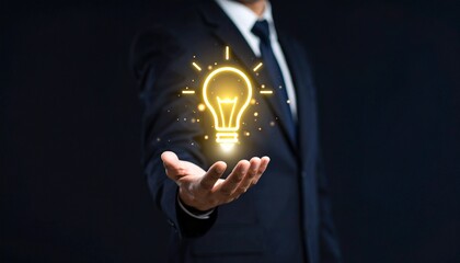 3D scene with a lightbulb-shaped idea icon floating above the hand of a blurred man in a suit