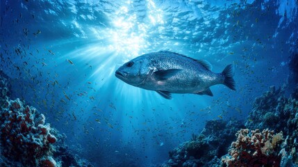 Majestic Underwater Realm: A Lone Fish in Sunlit Coral Reef
