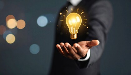3D scene with a lightbulb-shaped idea icon floating above the hand of a blurred man in a suit