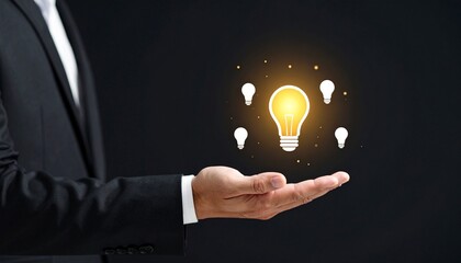 3D scene with a lightbulb-shaped idea icon floating above the hand of a blurred man in a suit