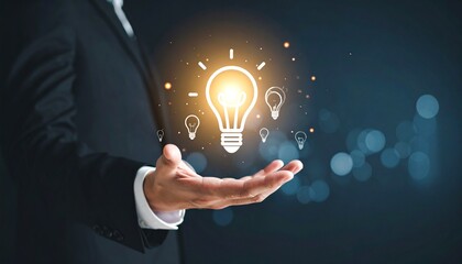 3D scene with a lightbulb-shaped idea icon floating above the hand of a blurred man in a suit