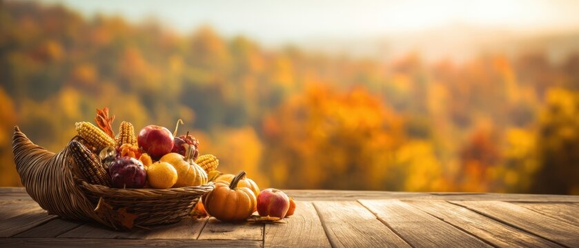 The cornucopia filled with vibrant autumn harvest on a rustic wooden table
