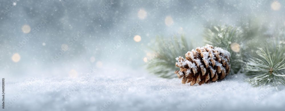 Poster the pinecone resting on snow with scattered frost and soft winter greenery.