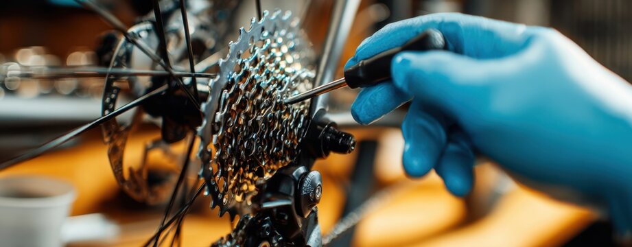 The hand adjusting bicycle gears with a screwdriver in a workshop setting.