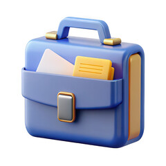 Stylized 3d illustration of a blue briefcase with documents and folders isolated on transparent background