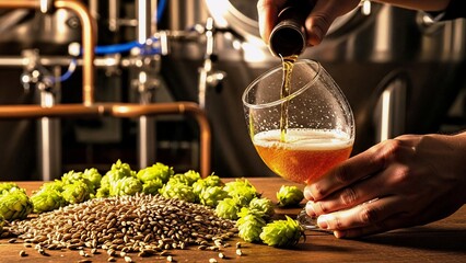 Brewer pouring fresh craft beer into a glass, surrounded by hops and barley malt on a rustic wooden table, with a vibrant brewery interior in the background
