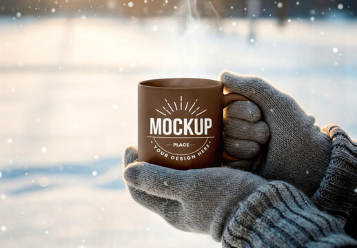 Mug Mockup Held with Wool Gloves in Winter Scene